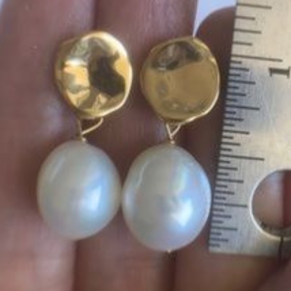 White Cultured Pearl Stud Earrings 14K Gold Plated - Picture 5 of 7